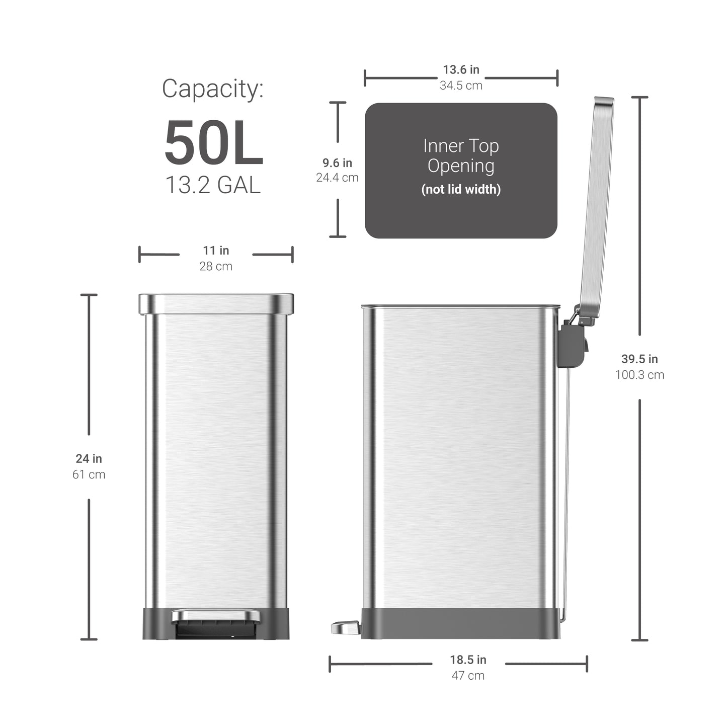 13.2 Gallon Slim Stainless Steel Step Can