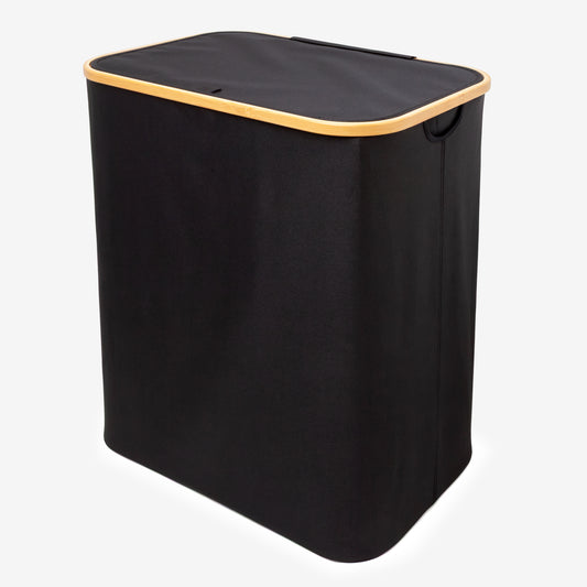 Dual Sections Bamboo Frame Hamper with Lid and Removable Bags