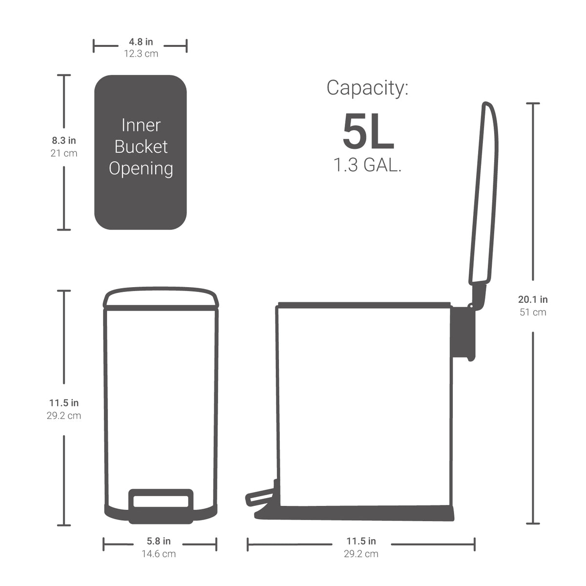 Dimensions of Qualiazero 1.3 gallon slim white trash can