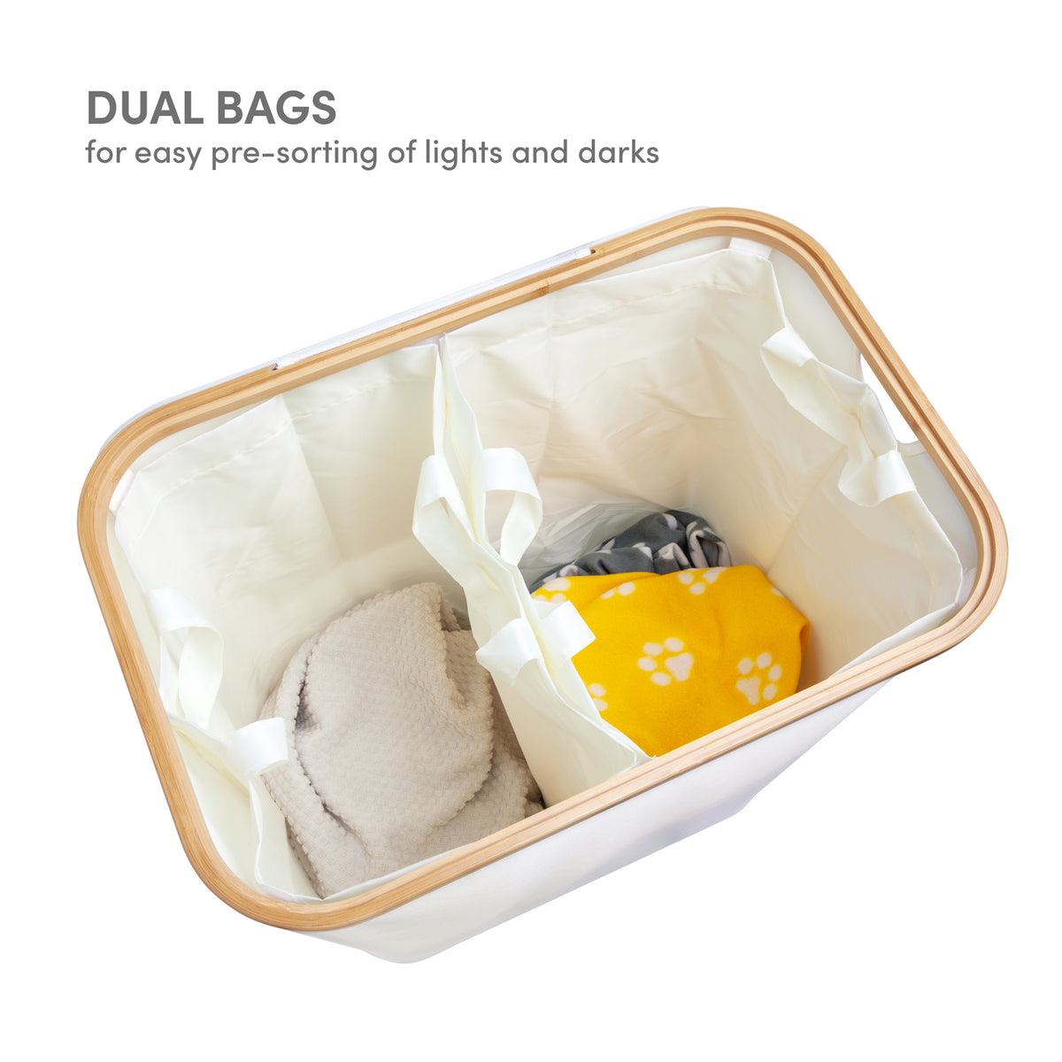 Two-section cream laundry hamper for sorting lights and darks