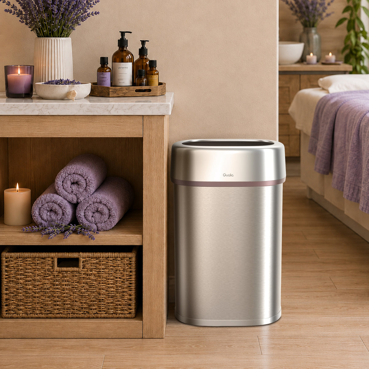 Qualiazero 21.1 gallon modern spa trash can with Lavender Frost trim