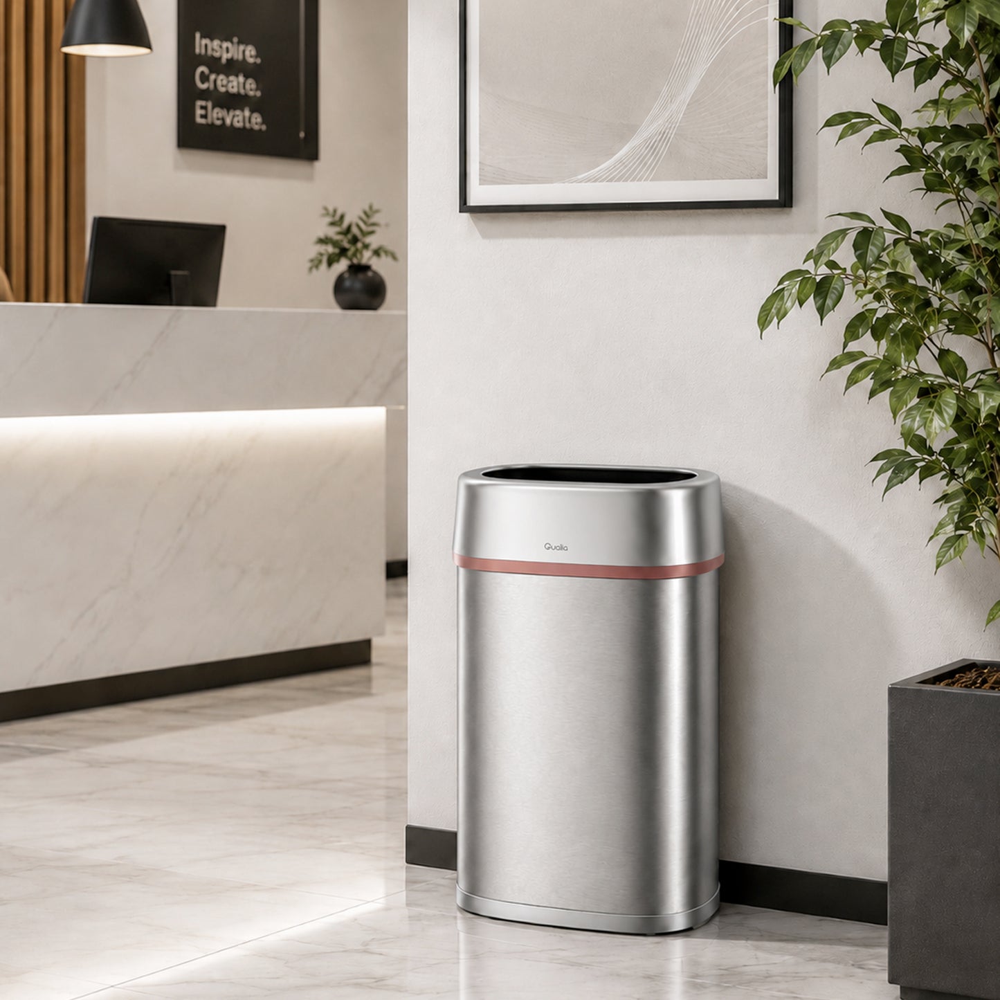 Qualiazero 21.1 gallon commercial open top stainless steel trash can with Egyptian gold trim great for corporate lobby