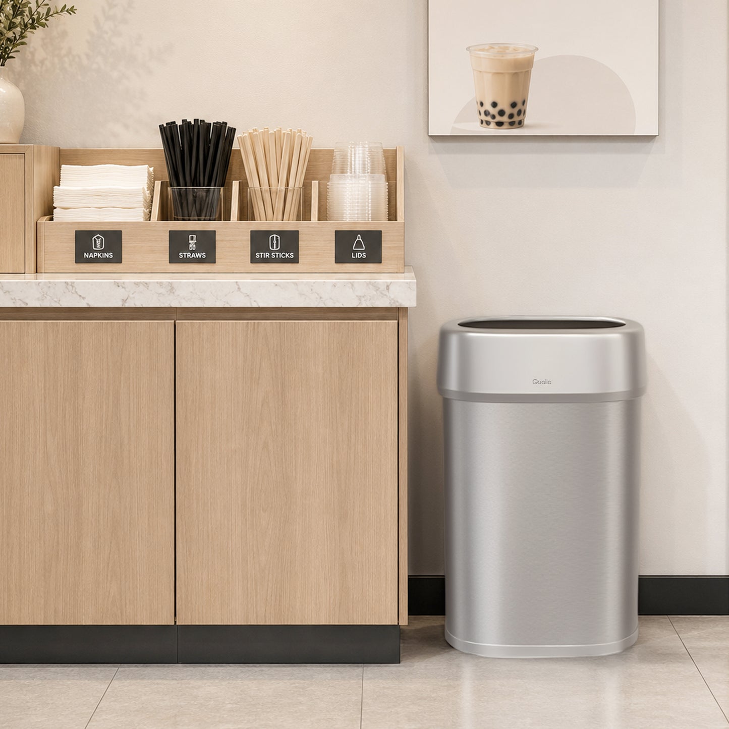 Qualiazero 21.1 gallon office lobby open top trash can with earthy gray trim for boba shop
