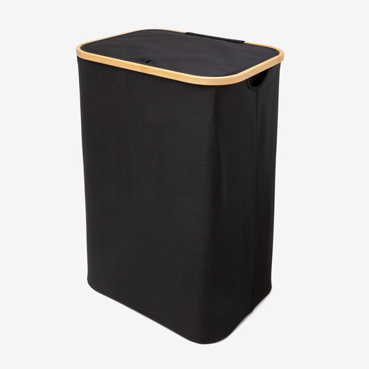Qualiazero 87L black large laundry hamper with lid and bamboo frame