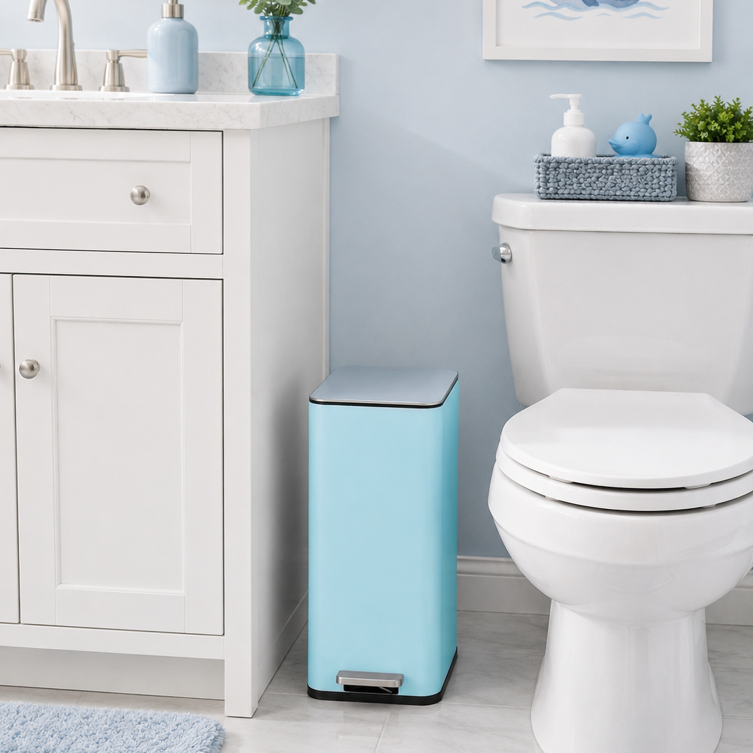Baby blue slim trash can in a small bathroom