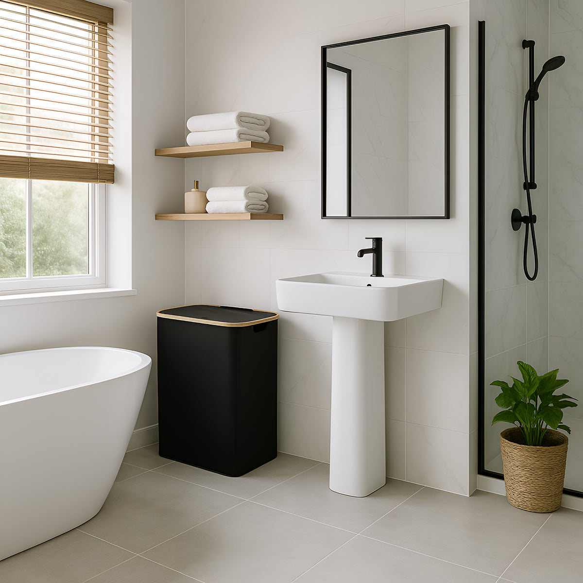 Black double laundry hamper with lid in modern bathroom