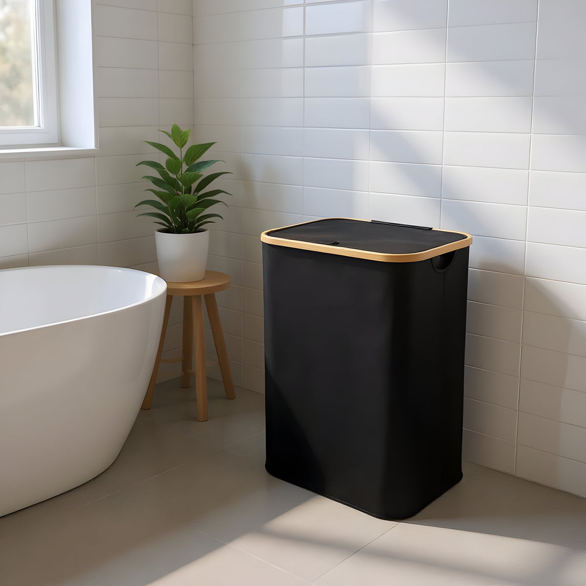 Black bamboo frame laundry hamper in modern bathroom