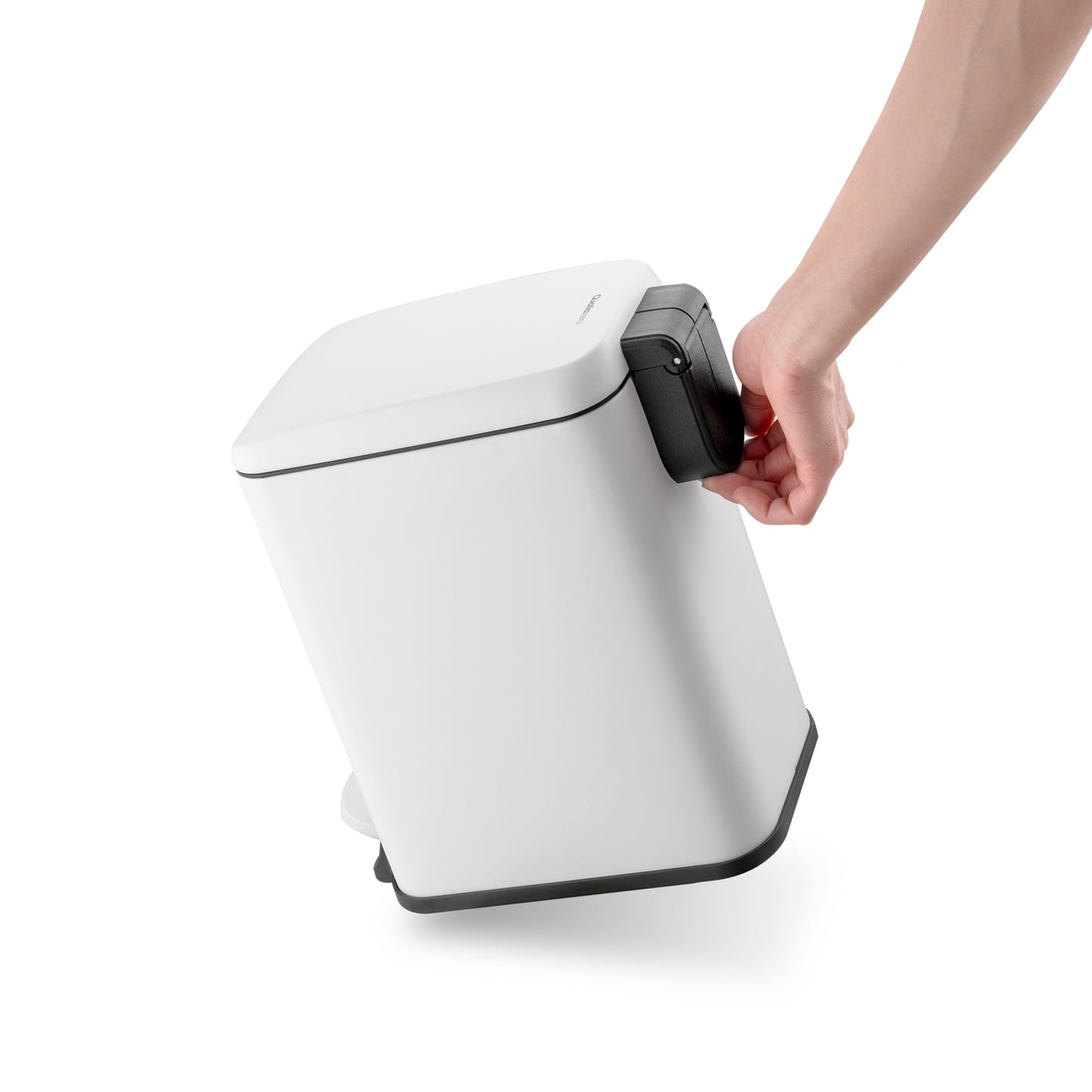 Built-in handle on slim white bathroom trash can