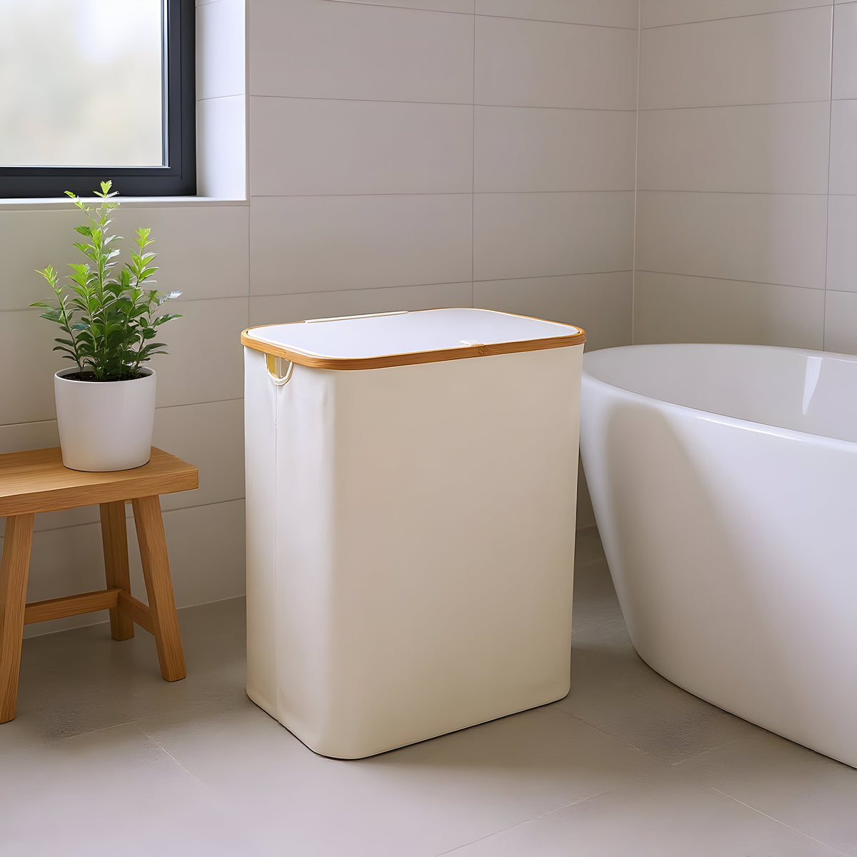 Cream laundry hamper with bamboo frame in modern bathroom