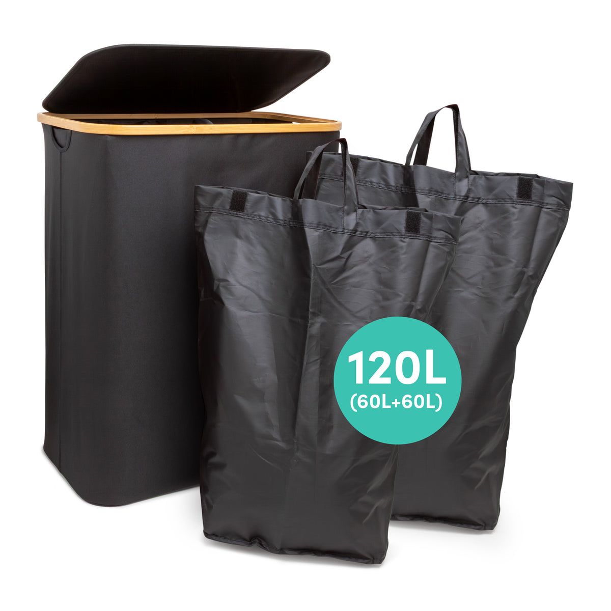 Black double laundry hamper with two removable 60L laundry bags