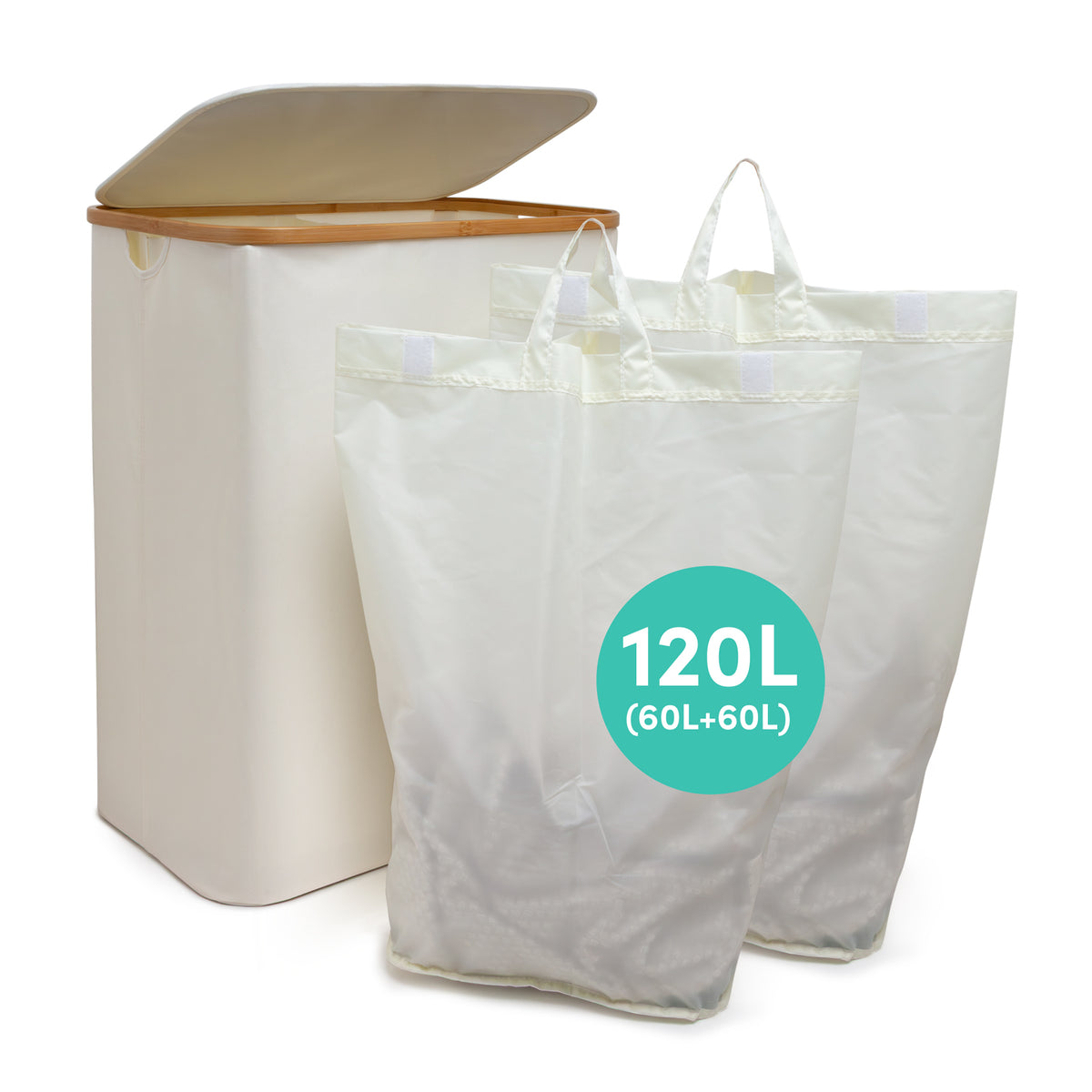 Cream double laundry hamper with two removable 60L laundry bags