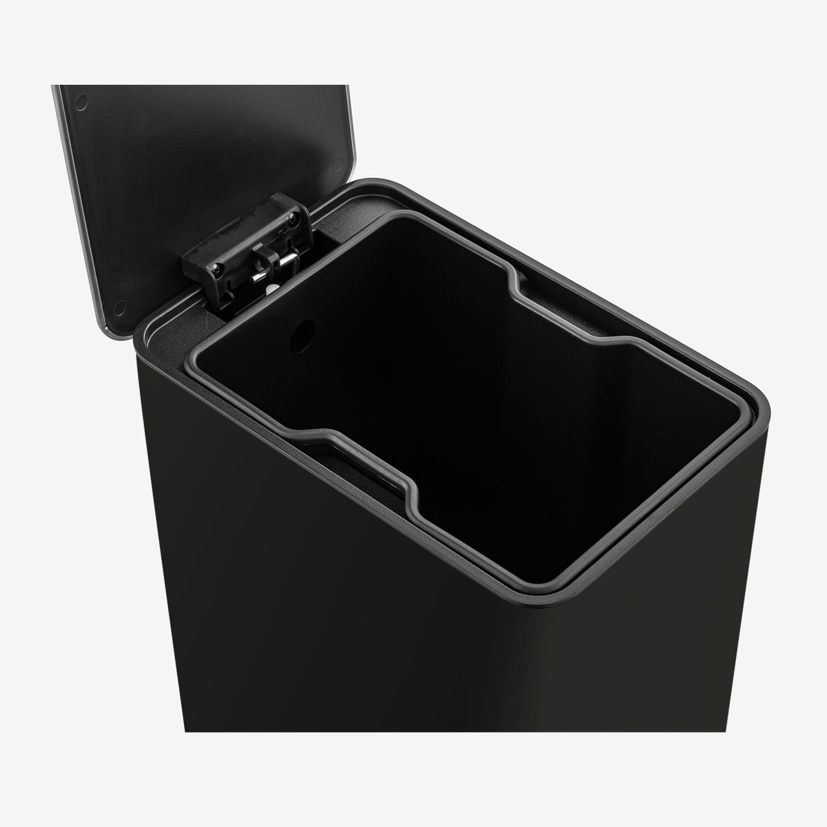 Removable easy-clean inner bucket inside black step trash can