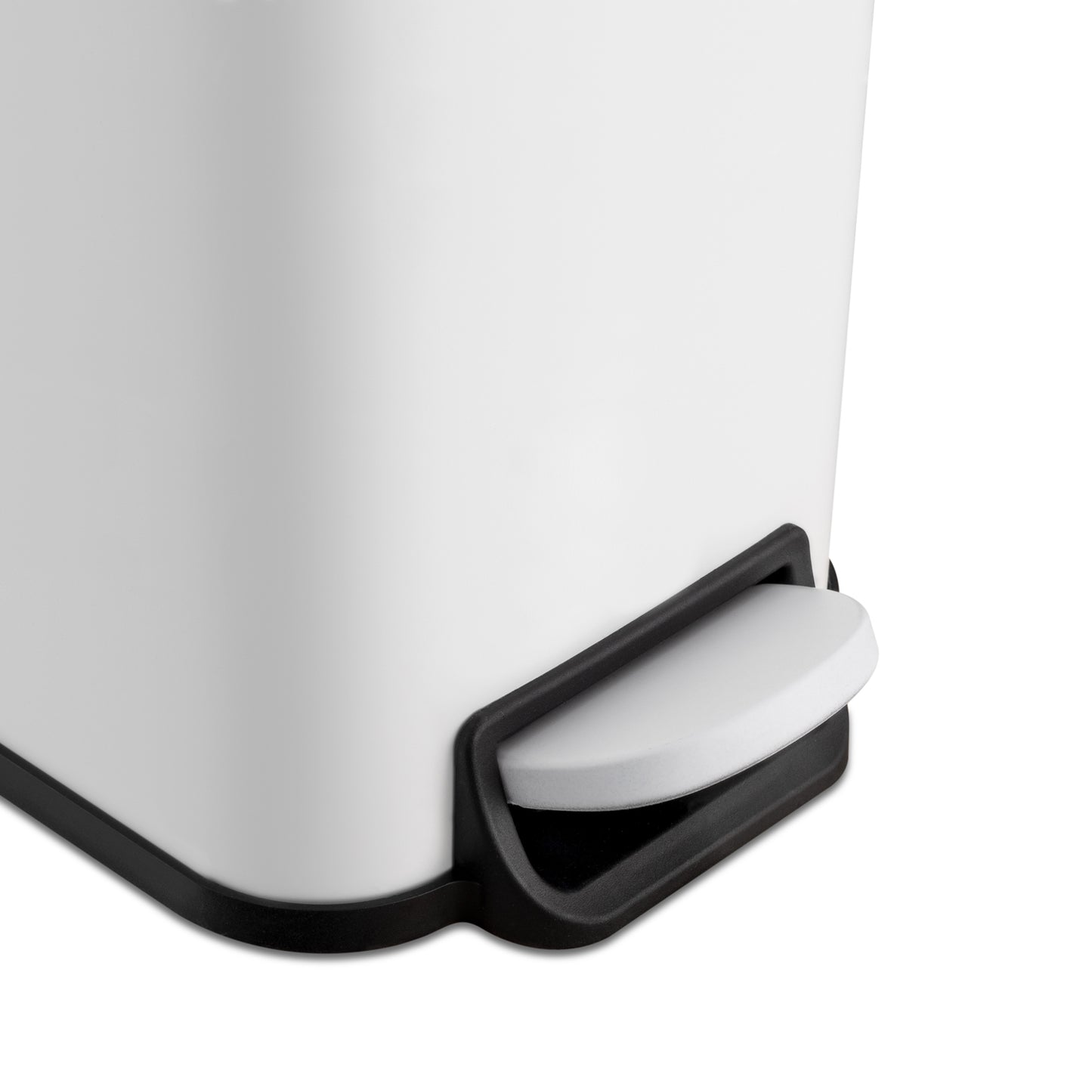 Hands-free step pedal on small white trash can