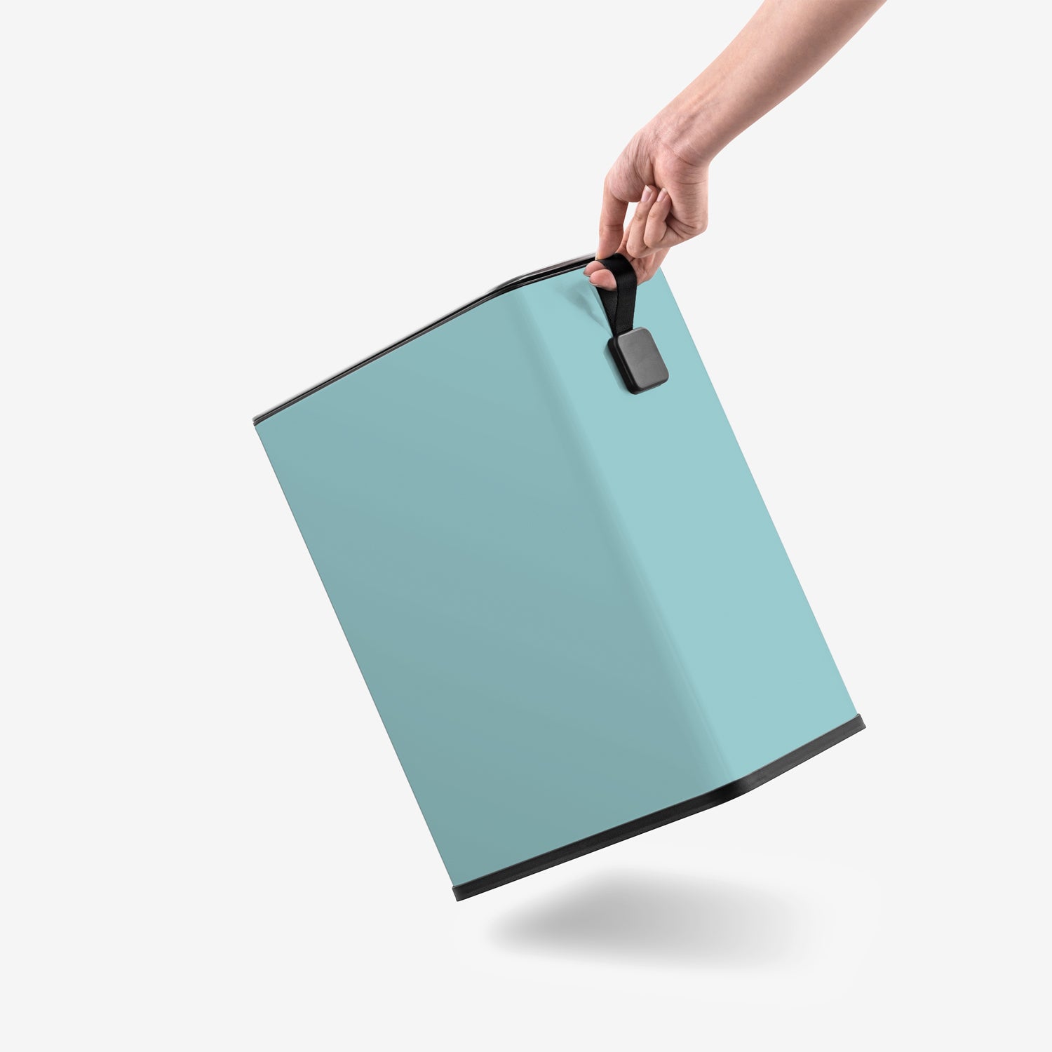 Built-in rear handle on slim baby blue trash can