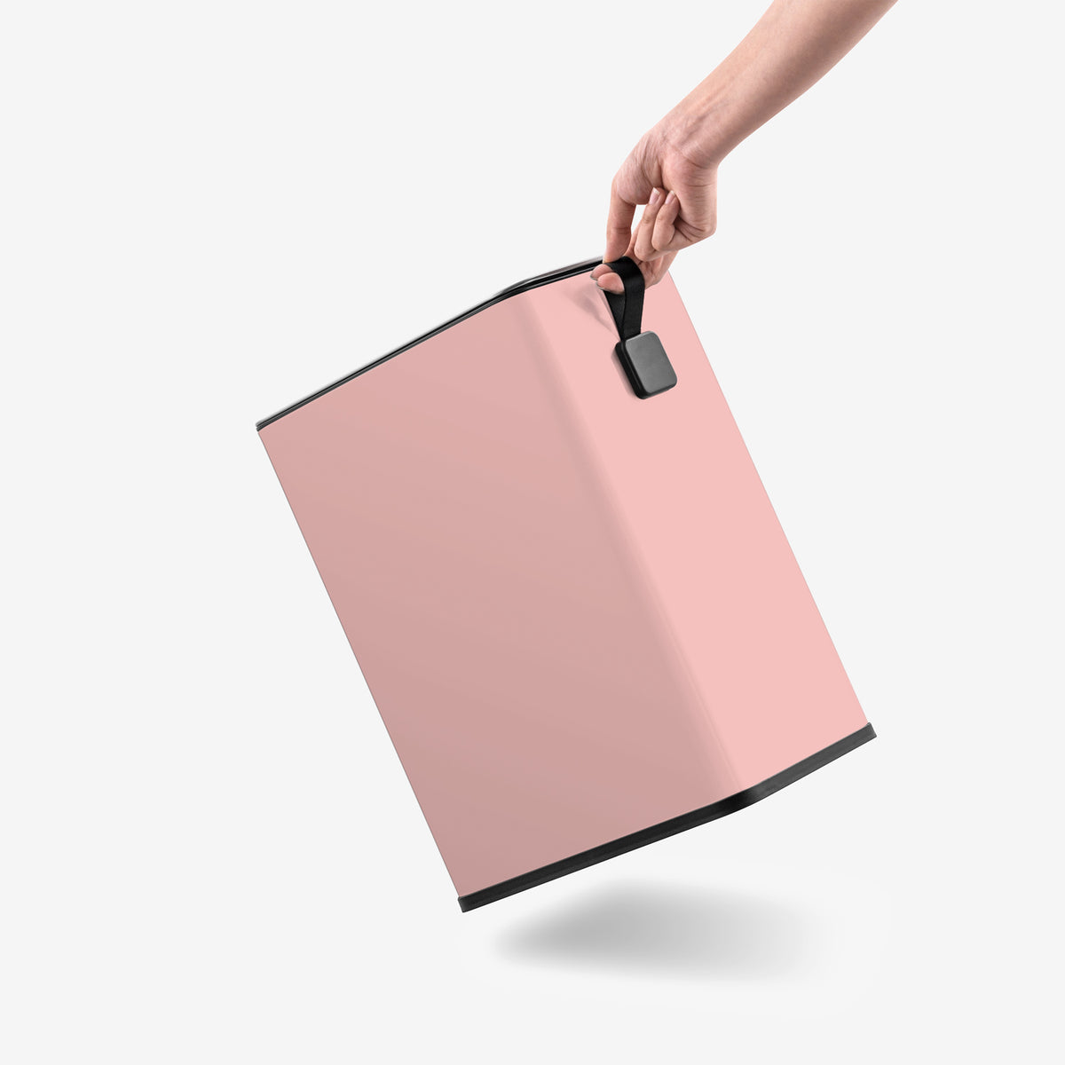 Built-in rear handle on slim rose pink trash can