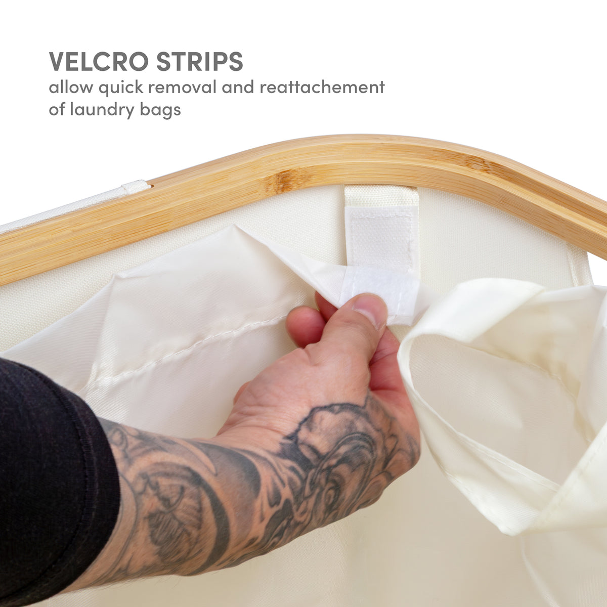 Quick-release attachment for removable laundry hamper bags cream