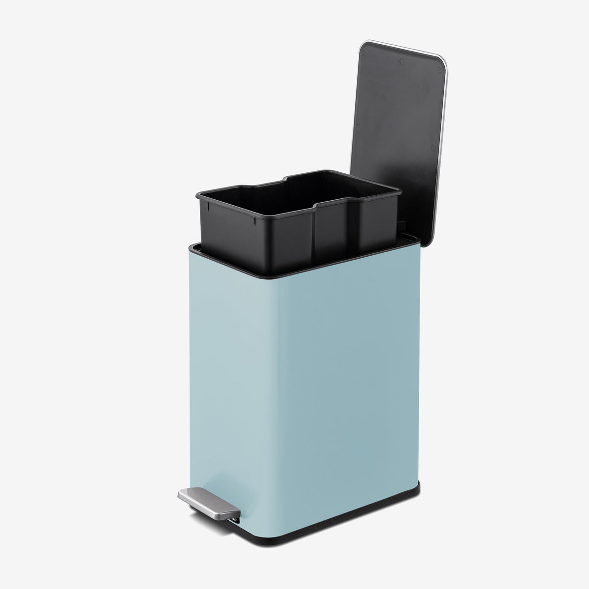 Removable inner bucket inside baby blue bathroom trash can