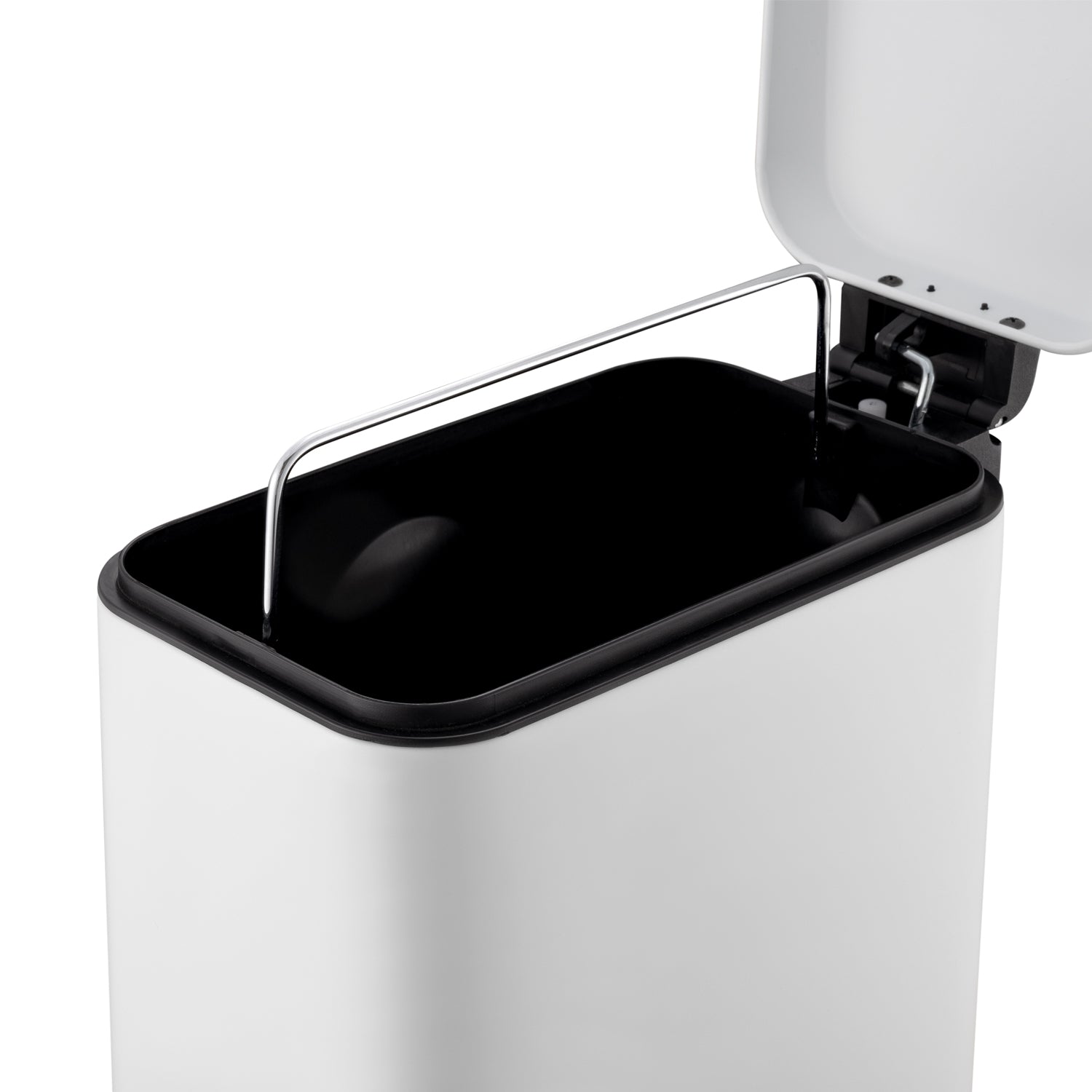 Removable inner bucket inside small white trash can