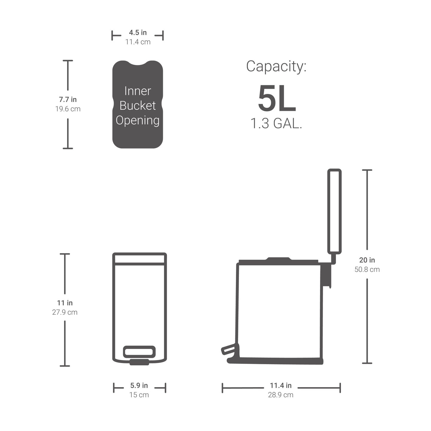 Dimensions of 1.3 gallon small white bathroom trash can
