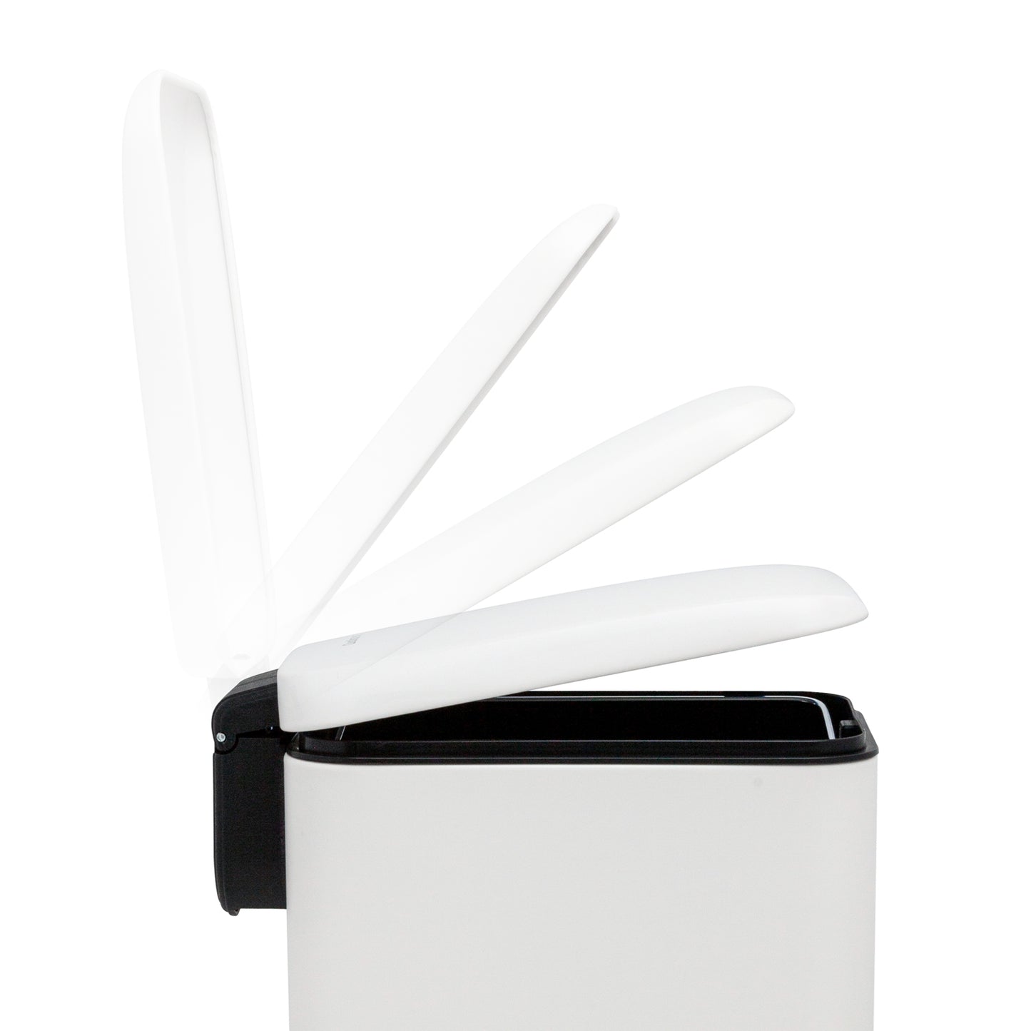 Soft-close lid on slim white bathroom trash can