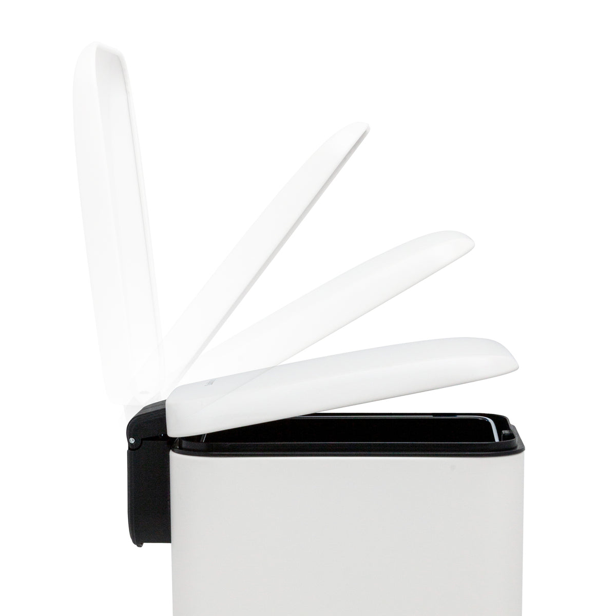 Soft-close lid on slim white bathroom trash can