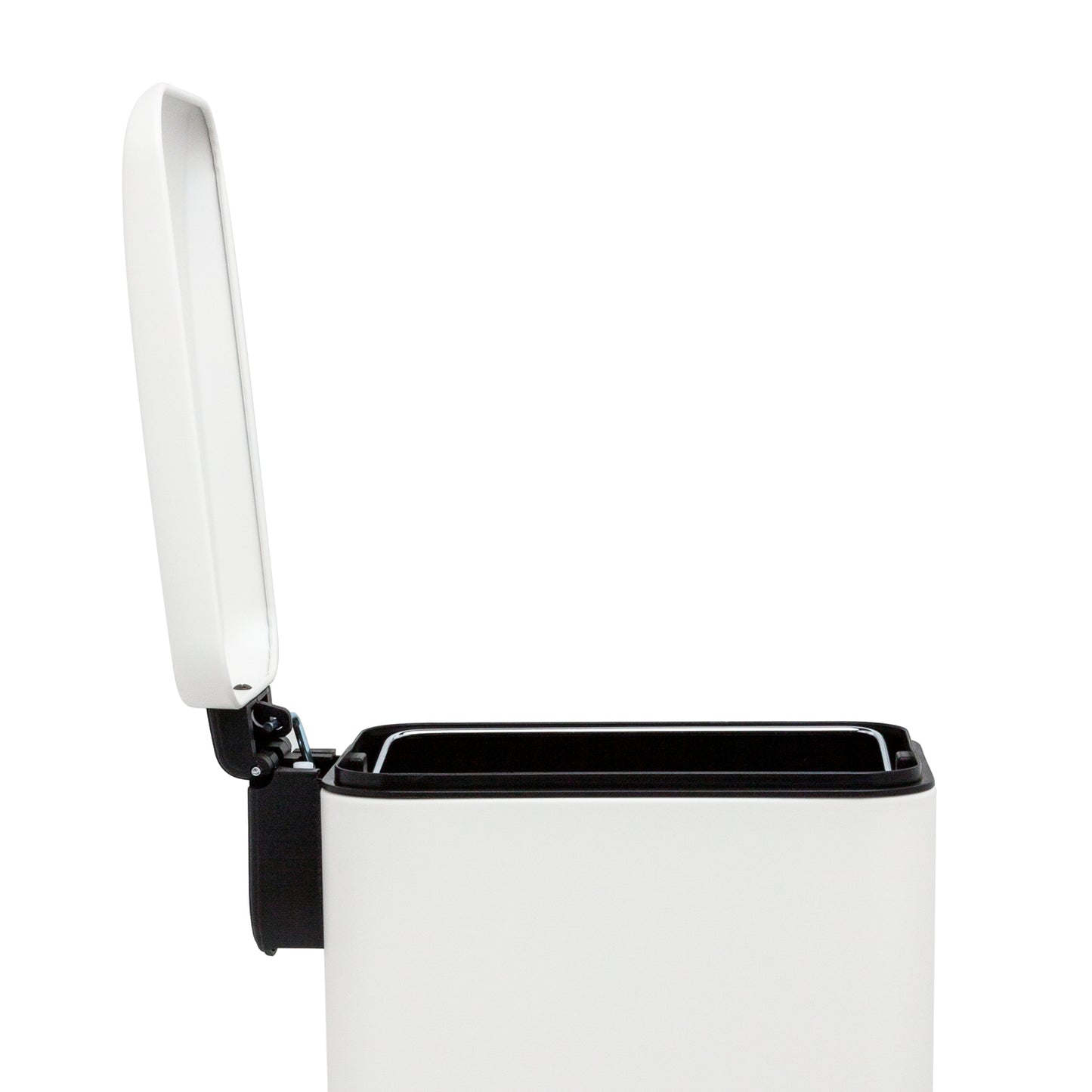 Stay-open lid on slim white bathroom trash can