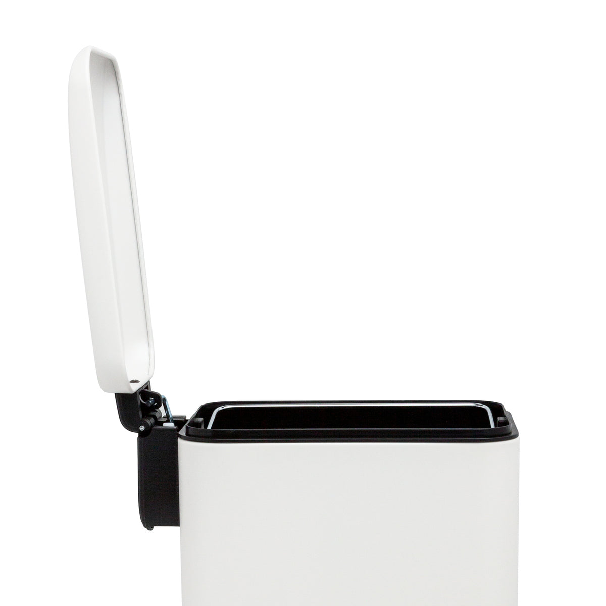 Stay-open lid on slim white bathroom trash can