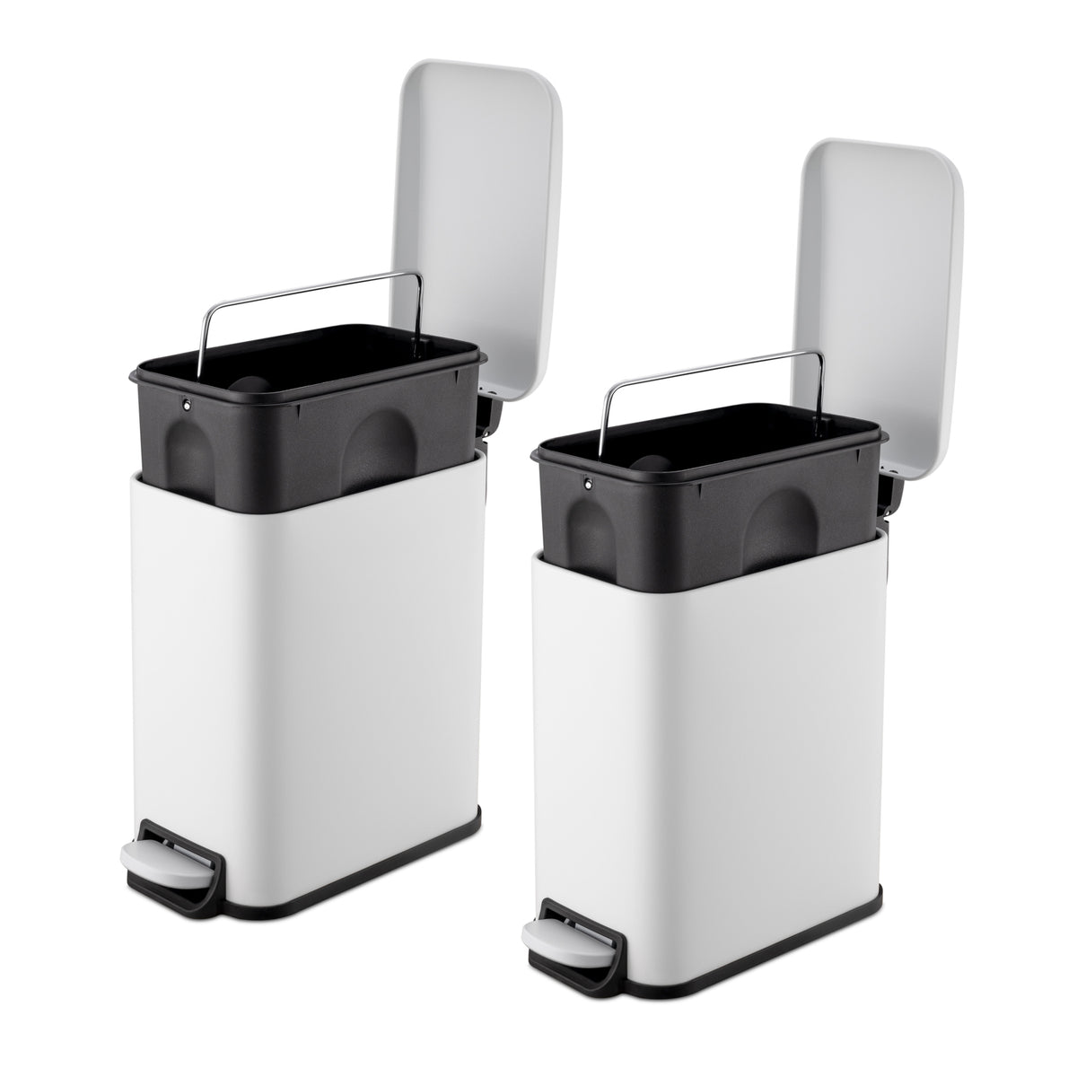 Two matching small white step trash cans for multiple rooms