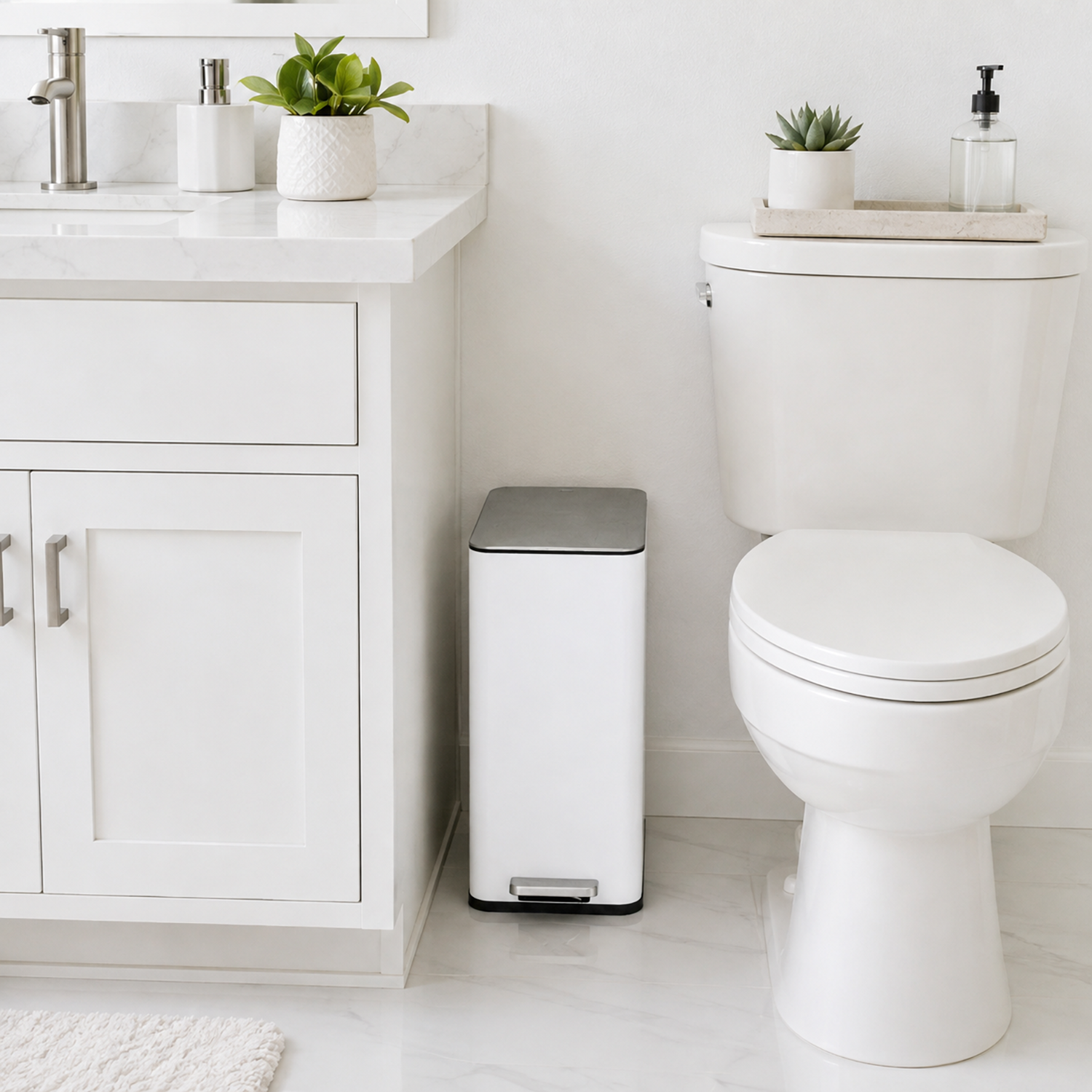 White slim step trash can fitting neatly in a narrow space