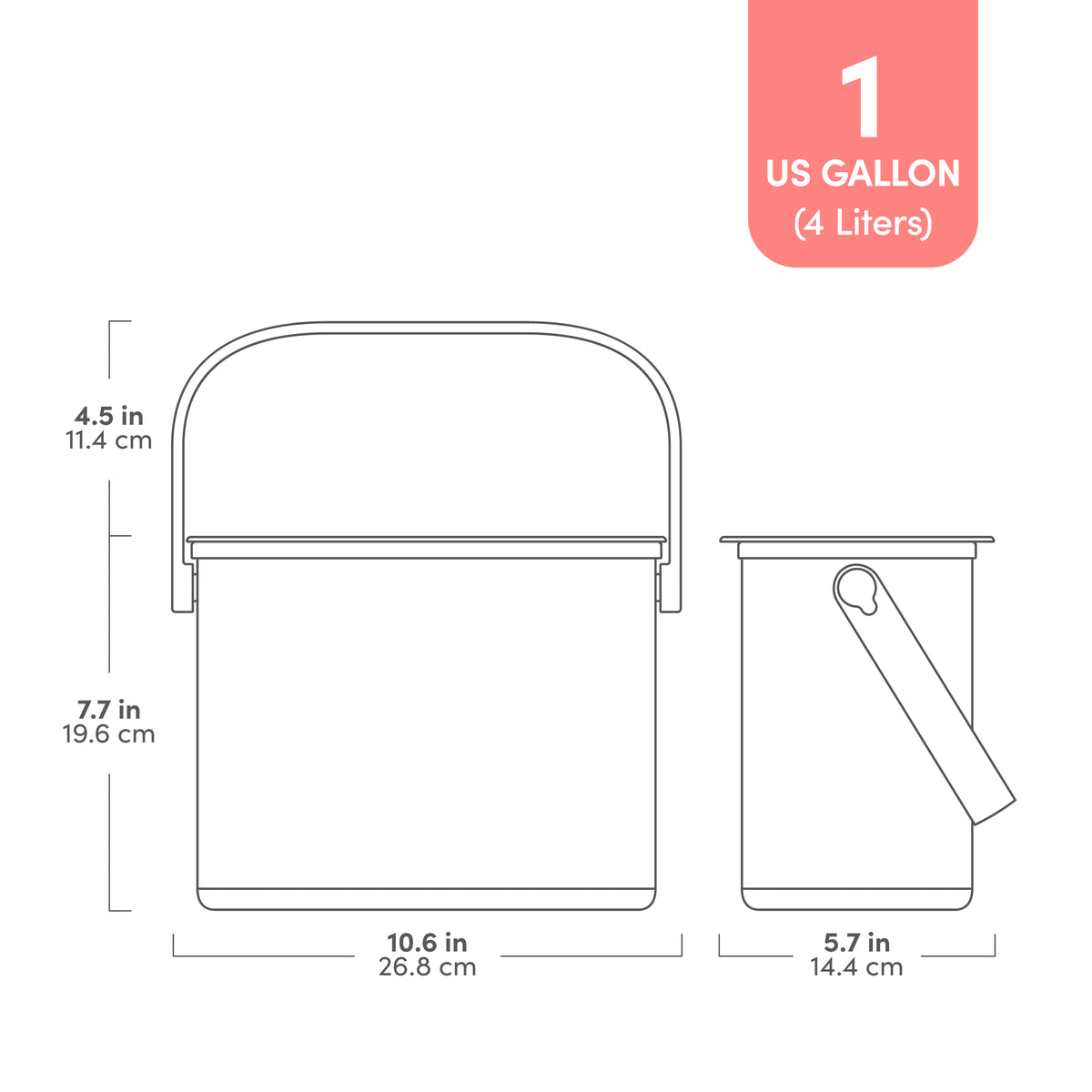 Dimensions of Qualia 1 gallon stainless steel countertop compost bin