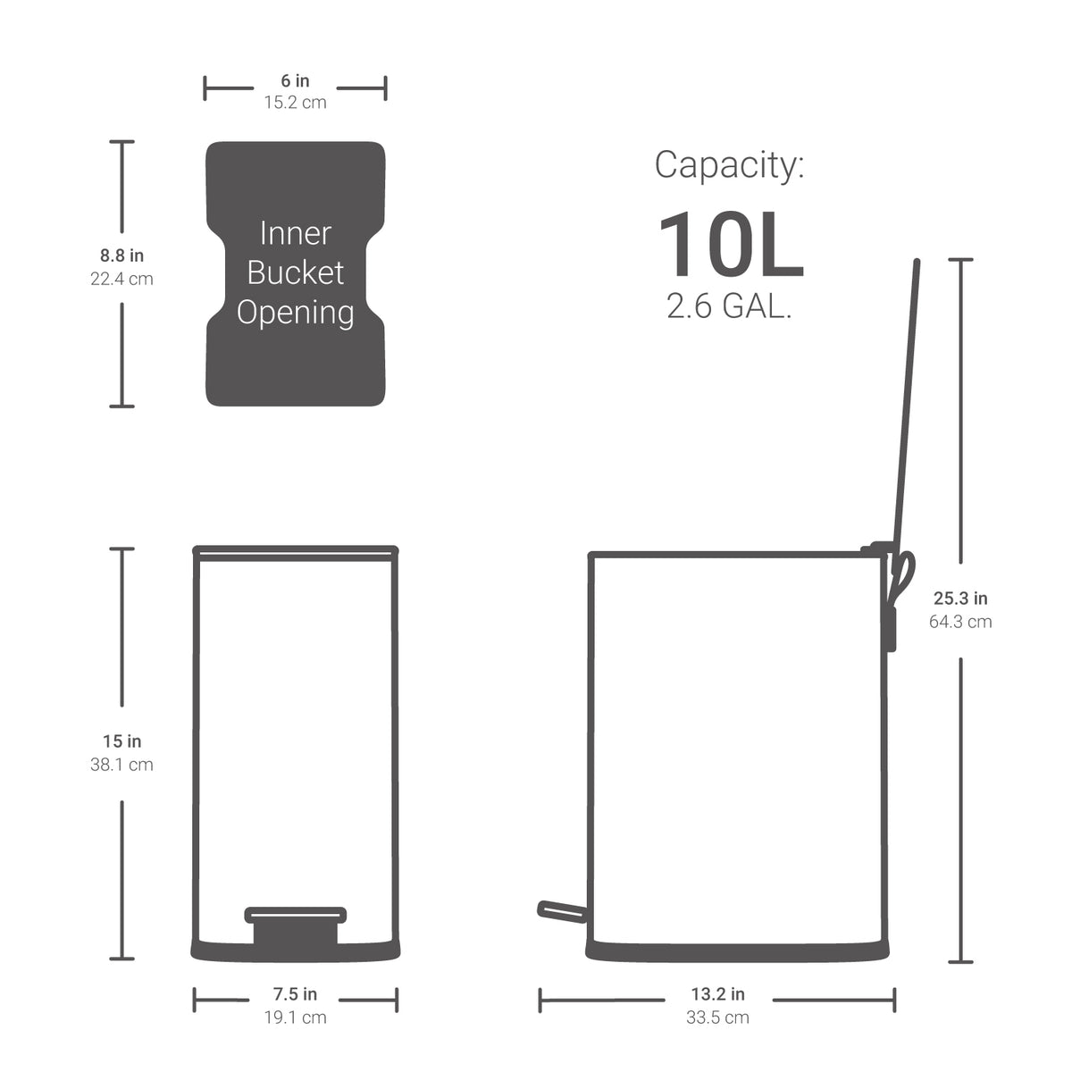 Dimensions of Qualiazero 2.6 gallon white slim bathroom trash can