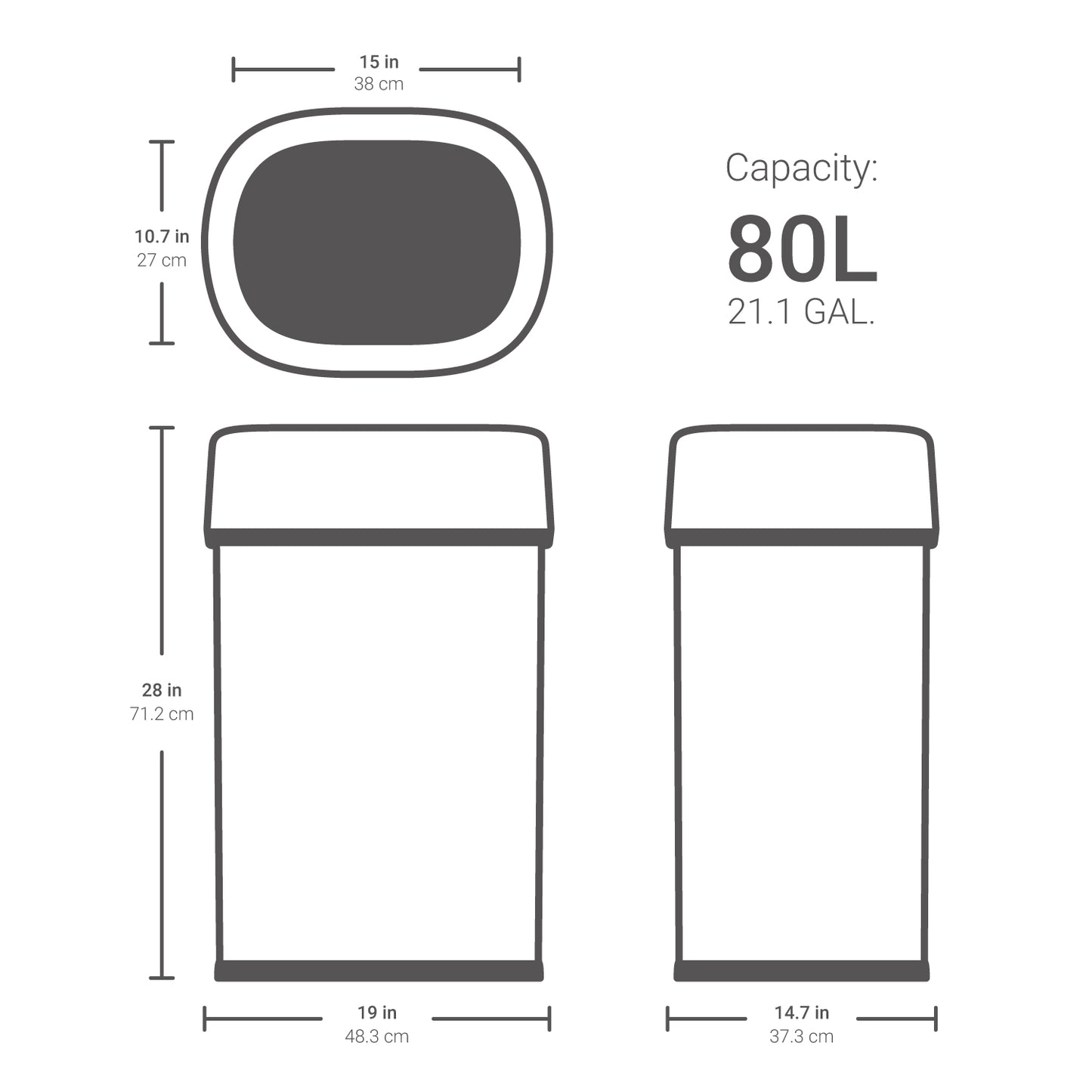 Dimensions of Qualiazero 21.1 gallon 80 liter office trash can