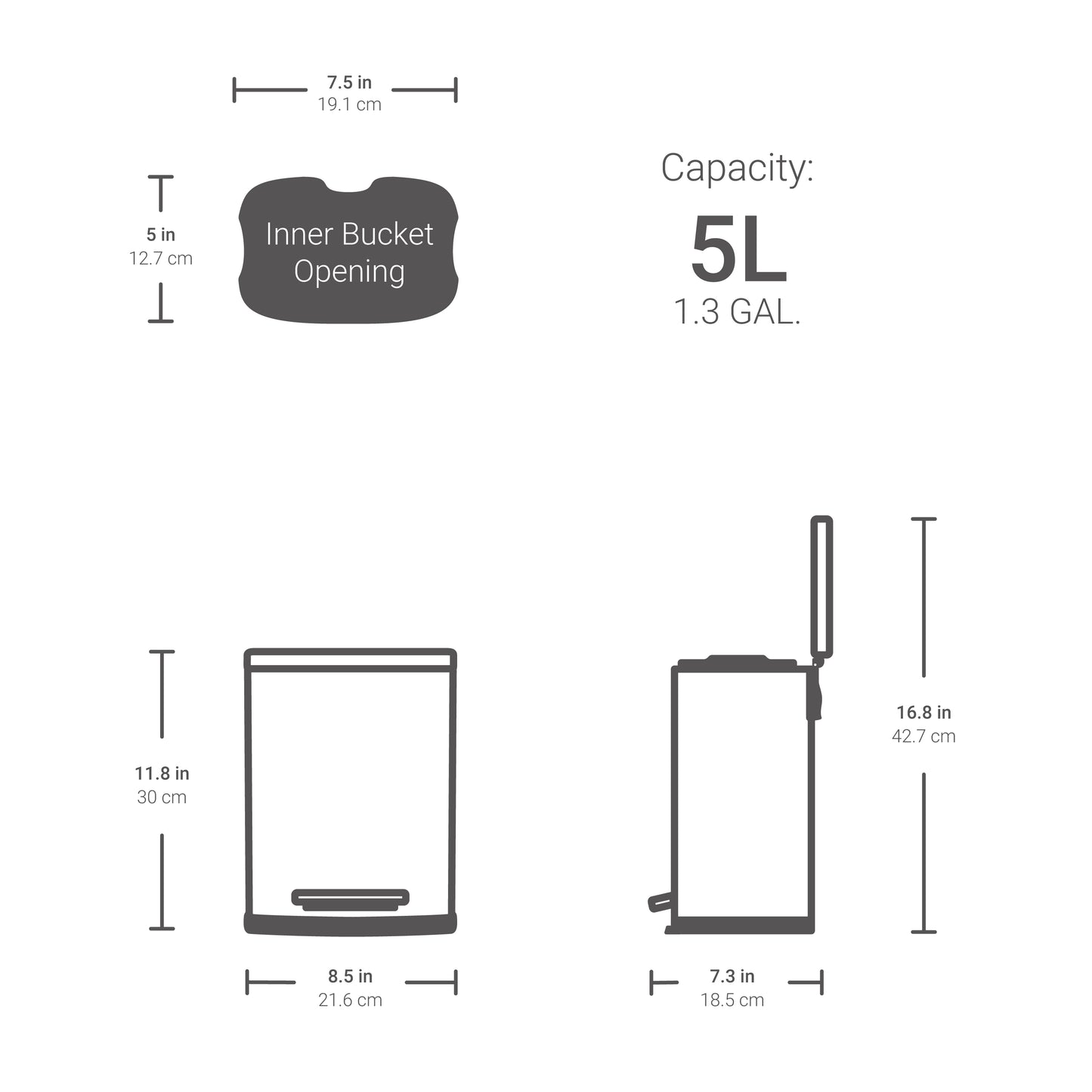 Dimensions of Qualiazero trash can set - 1.3 gallon