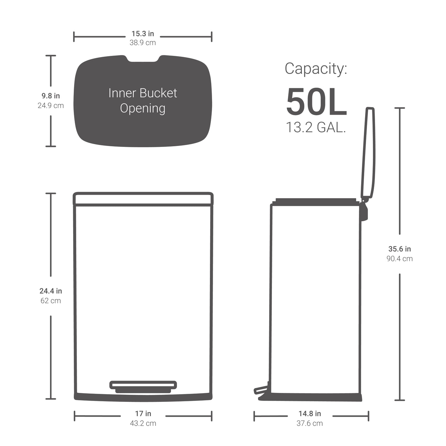Dimensions of Qualiazero trash can set - 13.2 gallon