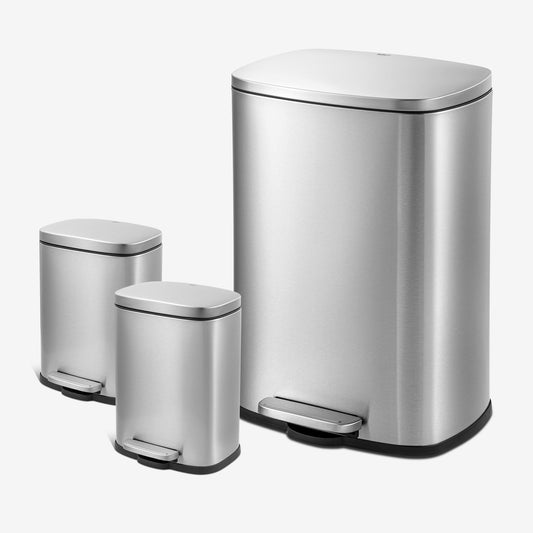 Qualiazero 3-piece stainless steel trash can set with one large and two small step cans