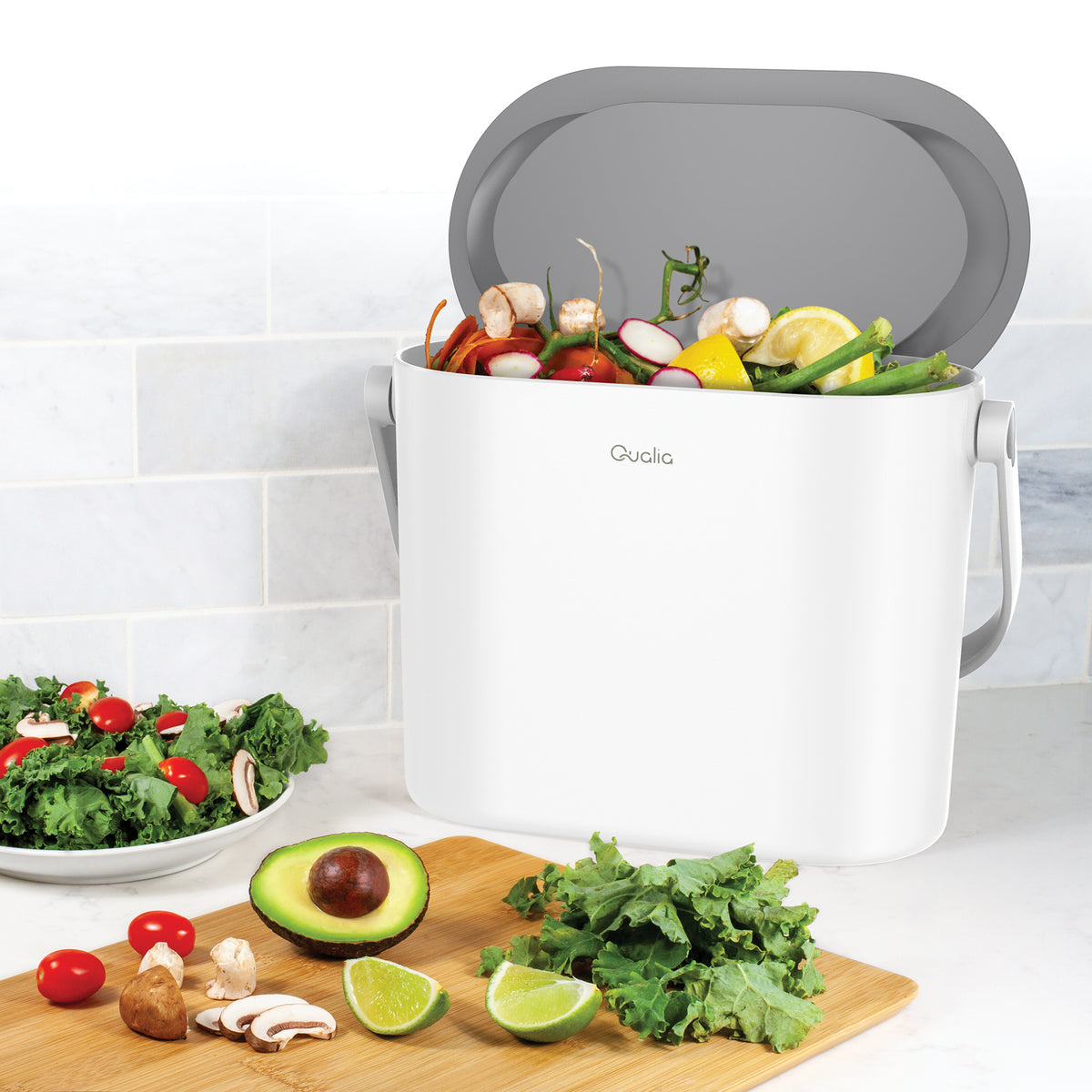 Small ABS countertop compost bin filled with kitchen food scraps