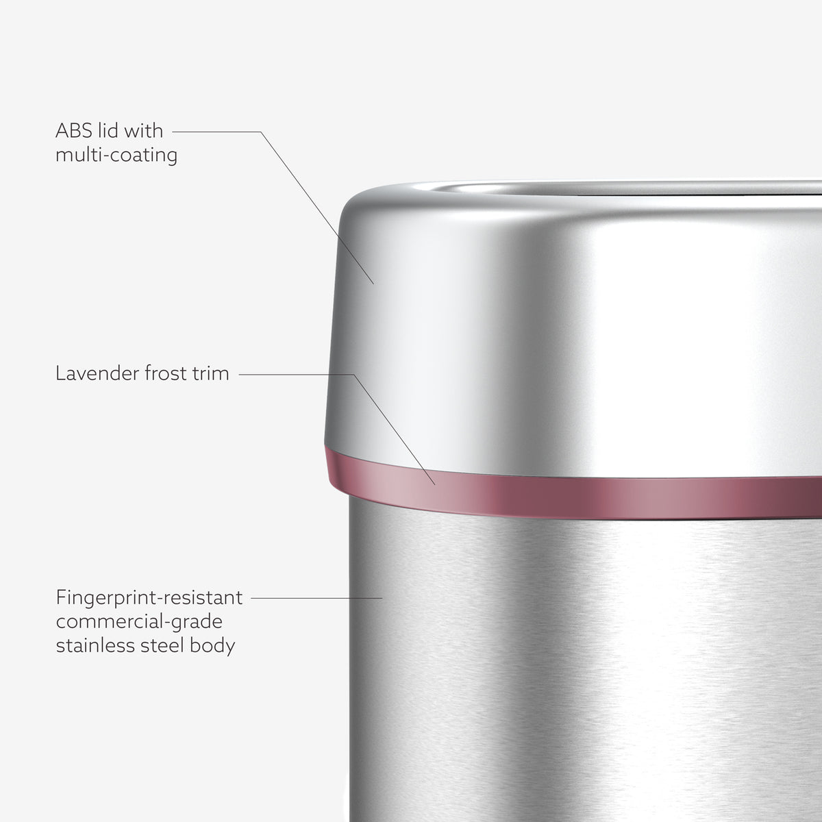 Decorative commercial stainless steel trash can with lavender trim