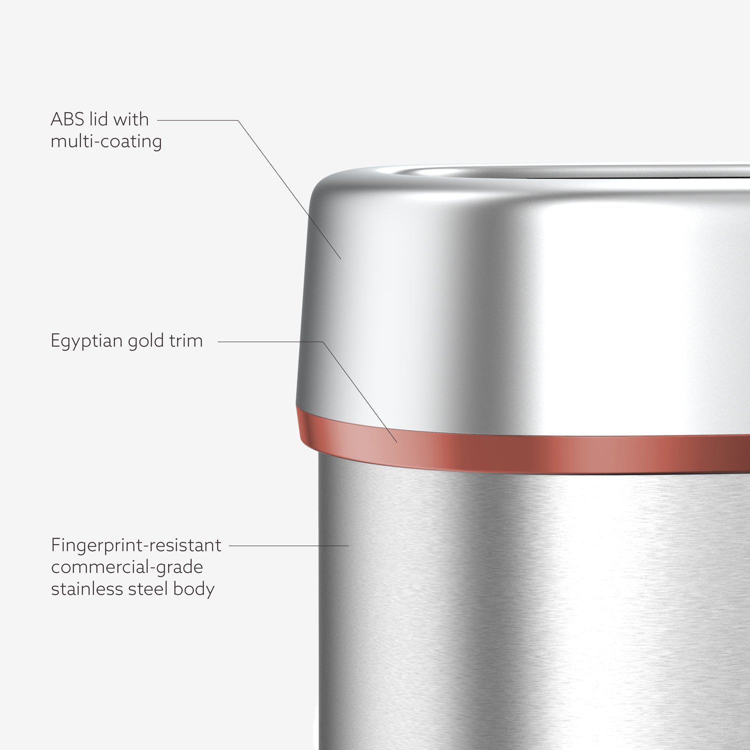 Fingerprint-resistant commercial stainless steel trash can with Egyptian gold trim
