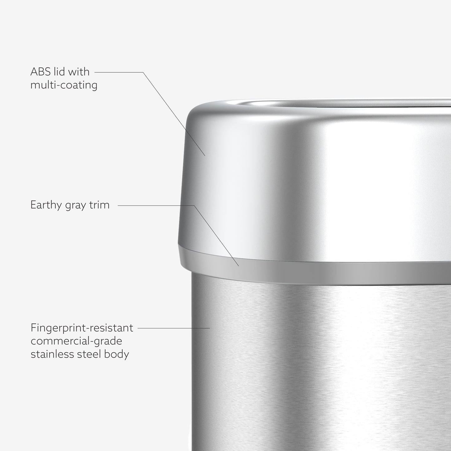 Fingerprint-resistant commercial stainless steel trash can with gray trim