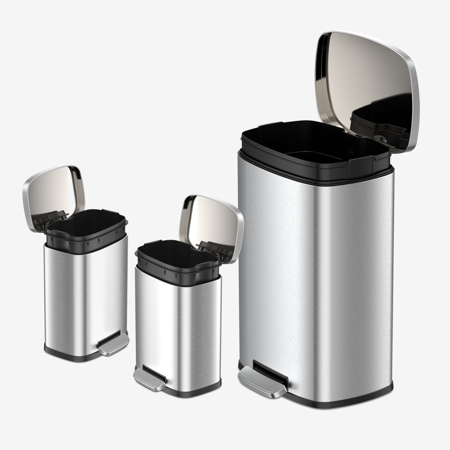 Matching stainless steel kitchen and bathroom trash can set with inner bucket