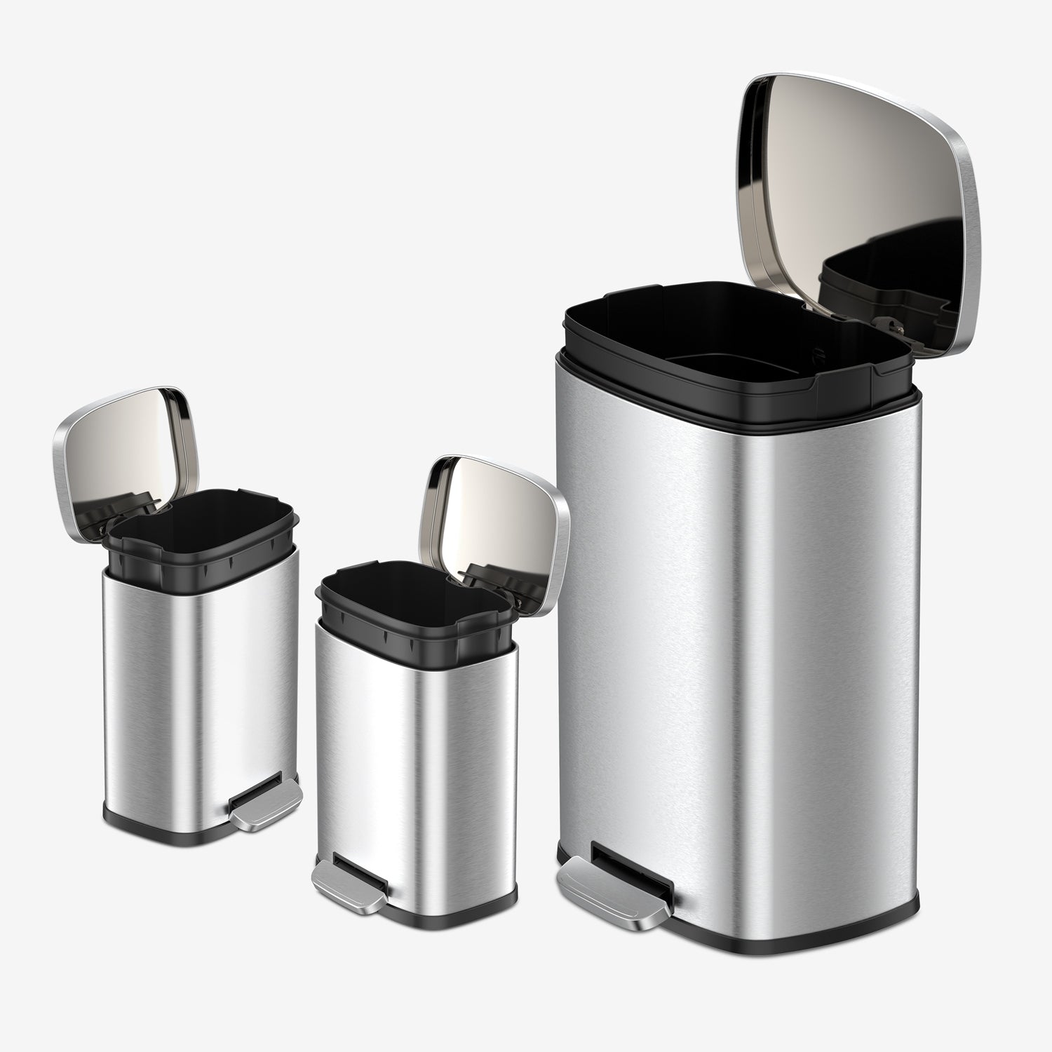 Matching stainless steel kitchen and bathroom trash can set with inner bucket