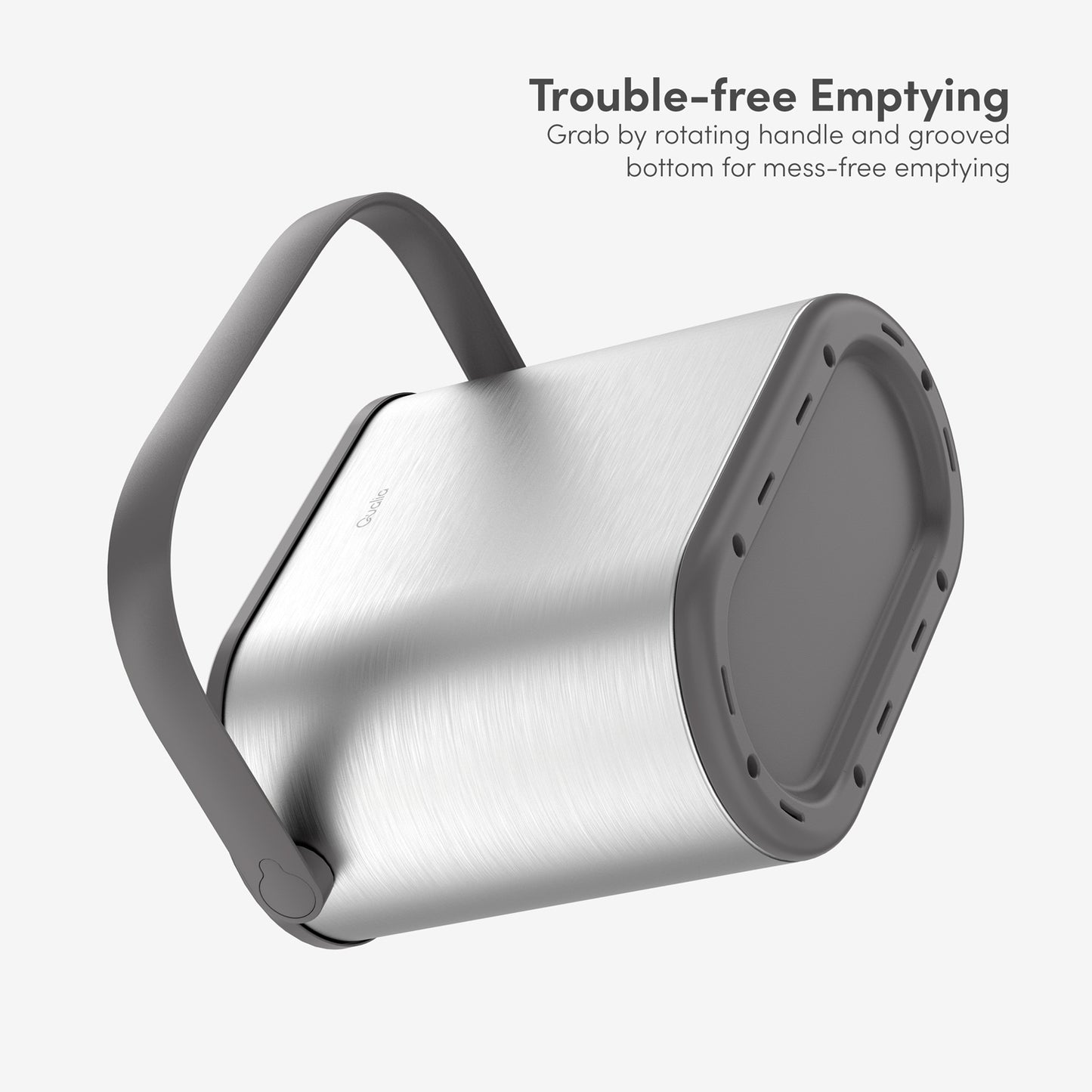 Small compost bin with rotating handle and grooved bottom for easier emptying