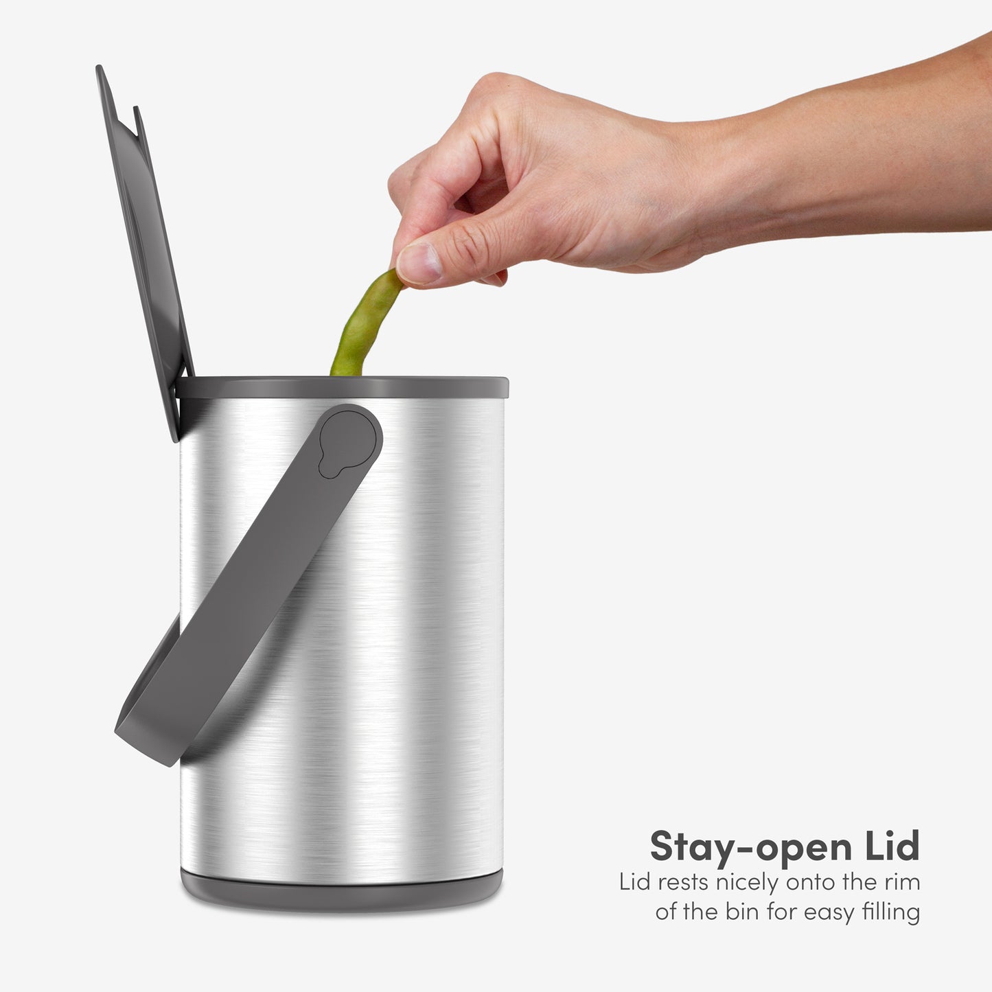 Slim stainless steel food scrap bin for compact kitchen countertops