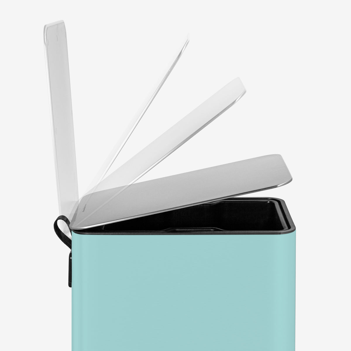 Soft-close lid on small baby blue step trash can