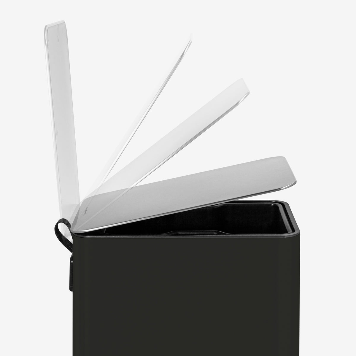 Soft-close stay-open lid on small black step trash can