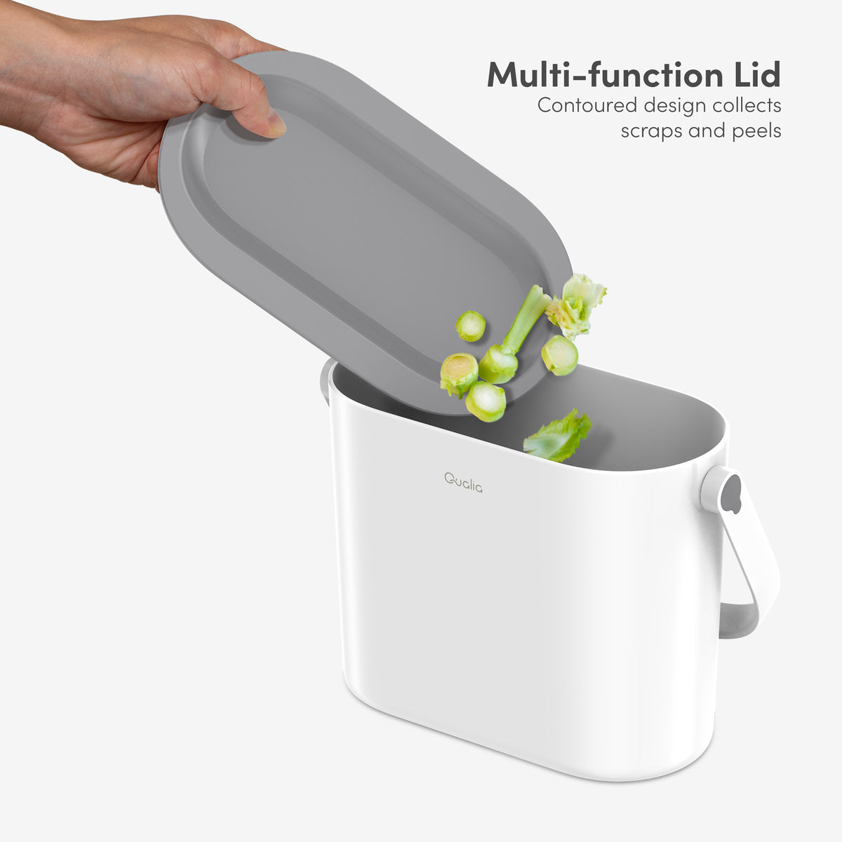 Stay-open countertop compost bin for collecting vegetable scraps during food prep