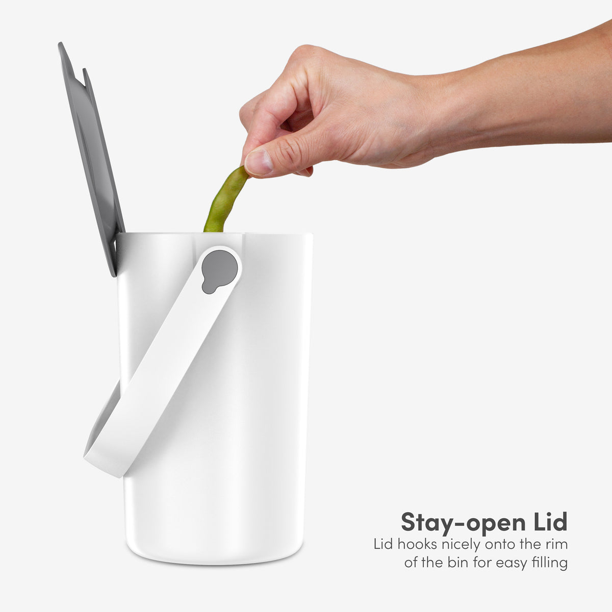 Stay-open countertop compost bin for collecting food scraps during meal prep