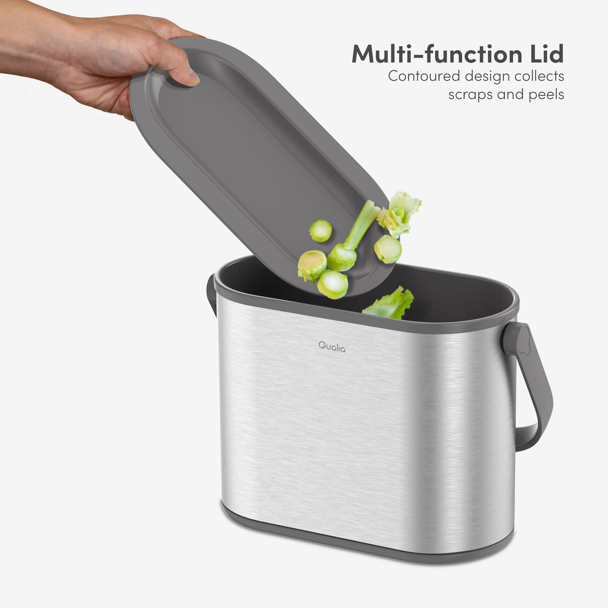 Stay-open countertop compost bin for collecting vegetable scraps during food prep