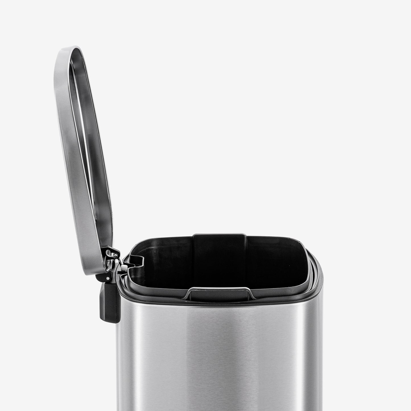 Stay-open lid on stainless steel step trash can