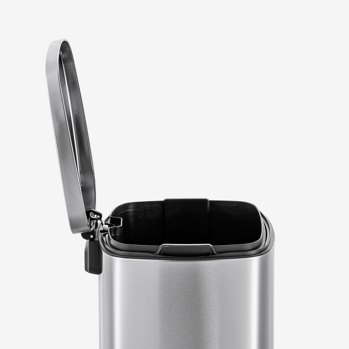 Stay-open lid on stainless steel step trash can